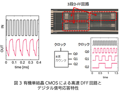 図3 有機単結晶CMOSによる高速DFF回路とデジタル信号応答特性